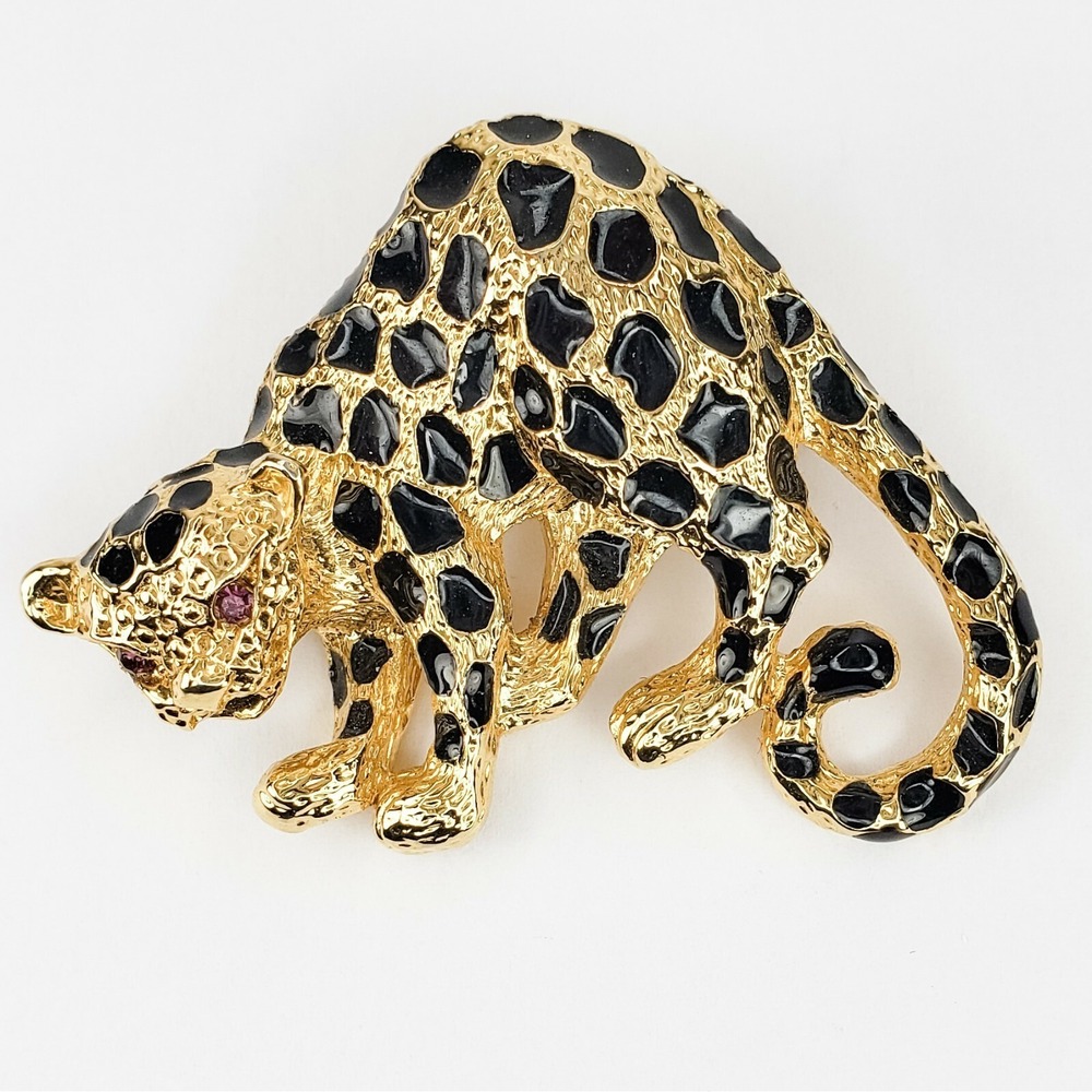 Vintage Park Lane Brooch Pin or Pendant Cheetah Cat Dark Pink Rhinestone Eyes